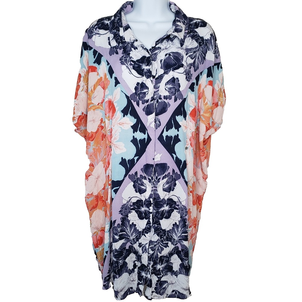 Maeve Anthropologie Hibiscus Bloom Shirt Dress Size‎ Large Boho Beachy Flowy